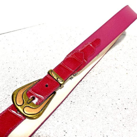 Vintage pink belt moc croc leather gold and copper buckle retro colorful mod main image 7